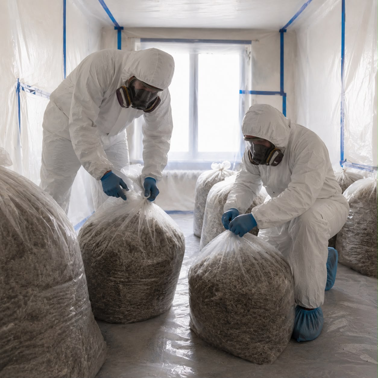 EPA certified specialists sealing containment barrier before asbestos removal